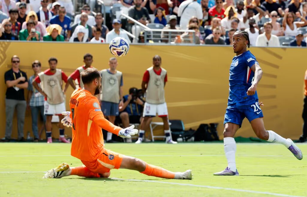 Joao Pedro of Chelsea scores their third goal past Gianluigi Donnarumma. Photograph: Allstar Picture Library Ltd/Richard Sellers/Apl/Sports photo